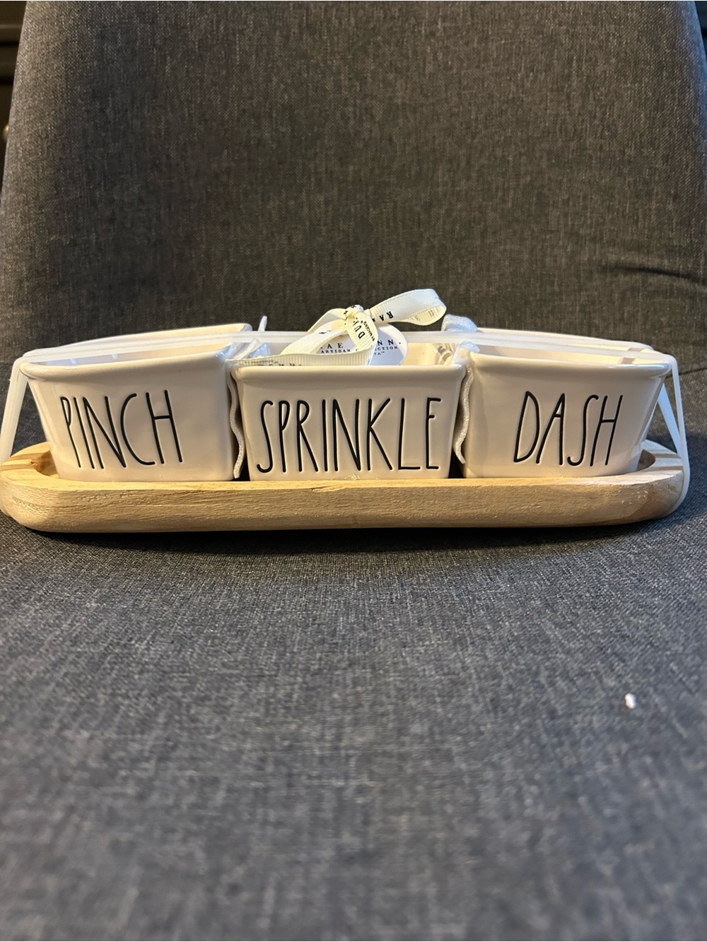 Rae Dunn White Ceramic 'Pinch Sprinkle Dash' Trio on Wooden Tray